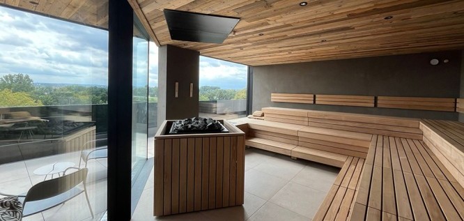 Finnish sauna with panoramic view at - Das Mühlbach - Thermal Retreat & Wellness Resort -Bad Fuessing - Lower Bavaria 