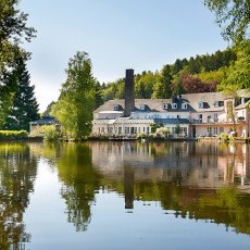Blick über den See auf Molitors Mühle - Hotel & Spa