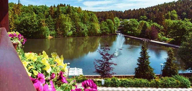Blick von der Terrasse der Panorama Suite auf den See und Wald am Wellness Resort Romantischer Winkel im Harz, Bad Sachsa